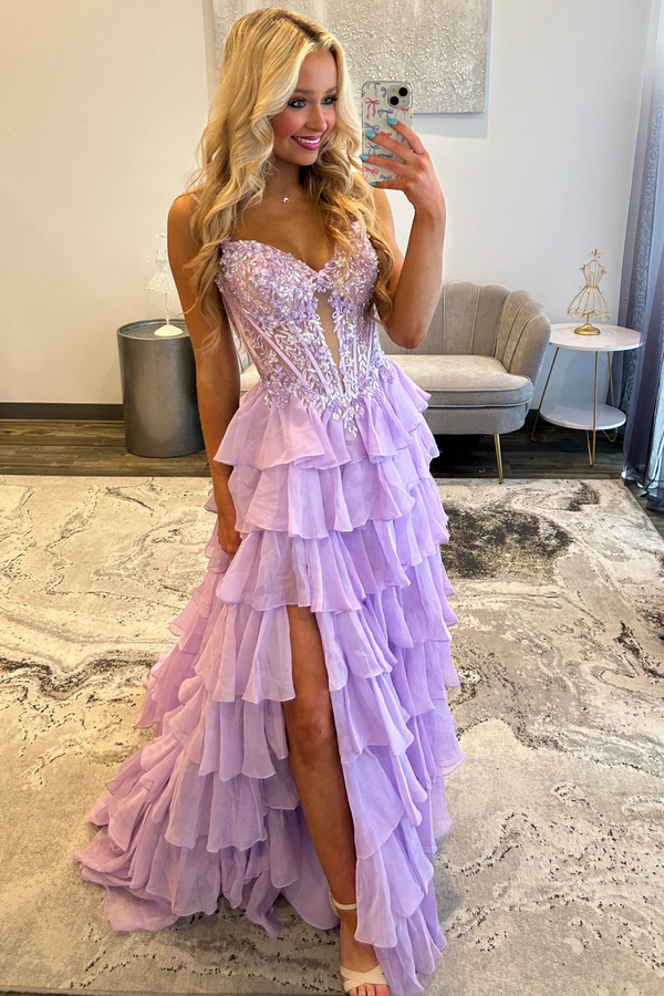 A-Line Spaghetti Straps Sequins Appliques Chiffon Ruffles Tiered High Side Slit and Train Prom Dress WU1548