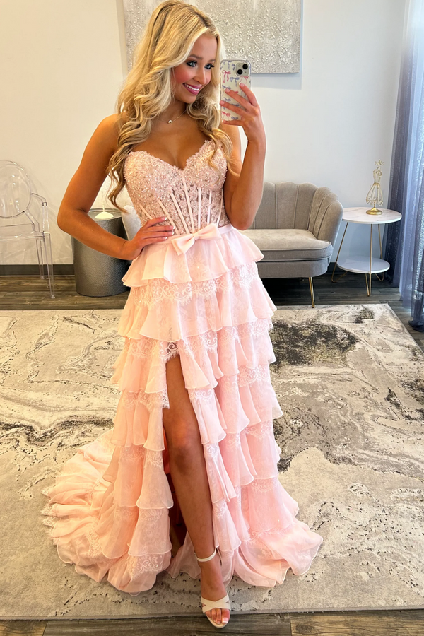 A-Line Beaded Appliques Lace Chiffon Ruffles Tiered High Side Slit and Train Prom Dress WU1550