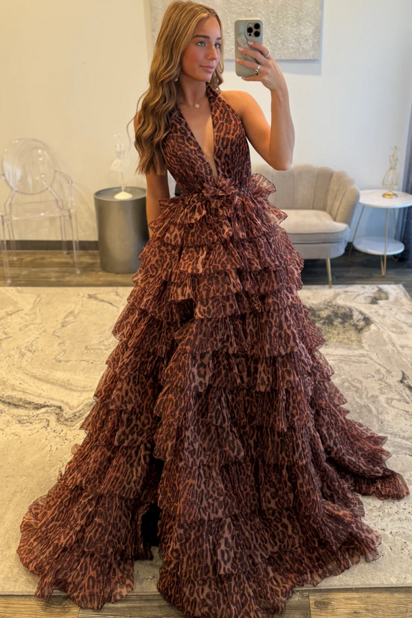A-Line V Neck Halter Sleeveless Leopard Print Tulle Tiered Prom Dress WU1552
