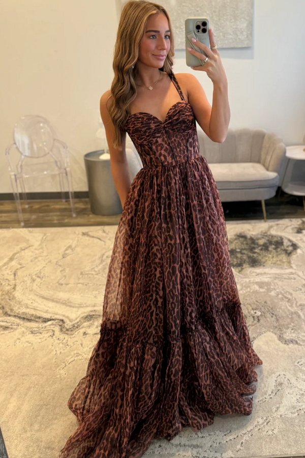 A-Line Sweetheart Neck Straps Sleeveless Pleated Leopard Print Prom Dress WU1553