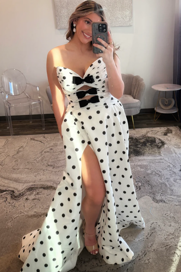 A-Line Strapless Sleeveless Bow Knot Polka Dots High Side Slit and Train Prom Dress WU1564