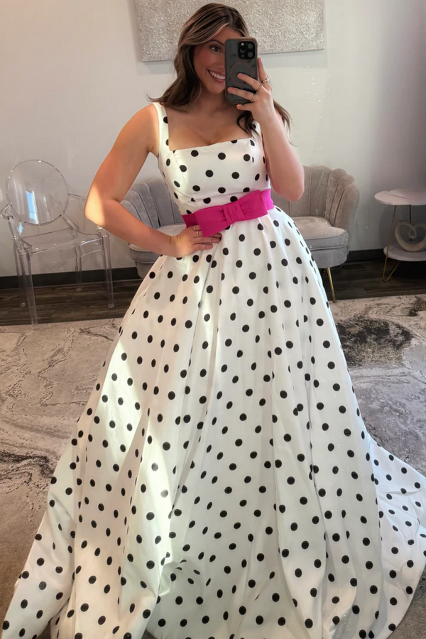 A-Line Square Neck Straps Sleeveless Bow Knot Polka Dots Prom Dress WU1565