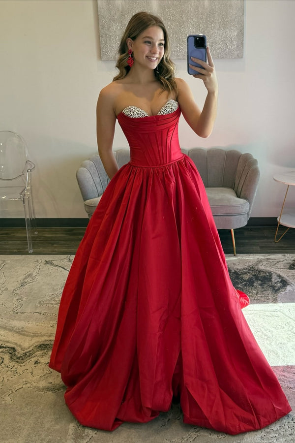 A-Line Strapless Sleeveless Pleated Beaded Prom Dress WU1567