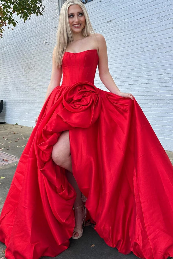 A-Line Boat Neck Sleeveless Pleated Flower Bud High Side Slit and Train Prom Dress WU1568