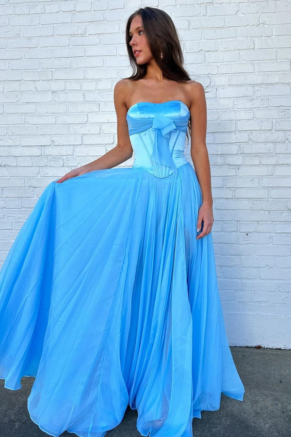 A-Line Strapless Sleeveless Pleated Bow Knot High Side Slit and Train Prom Dress WU1569