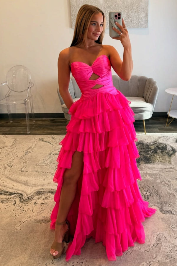 A-Line Strapless Sleeveless Pleated Ruffles High Side Slit and Train Prom Dress WU1570