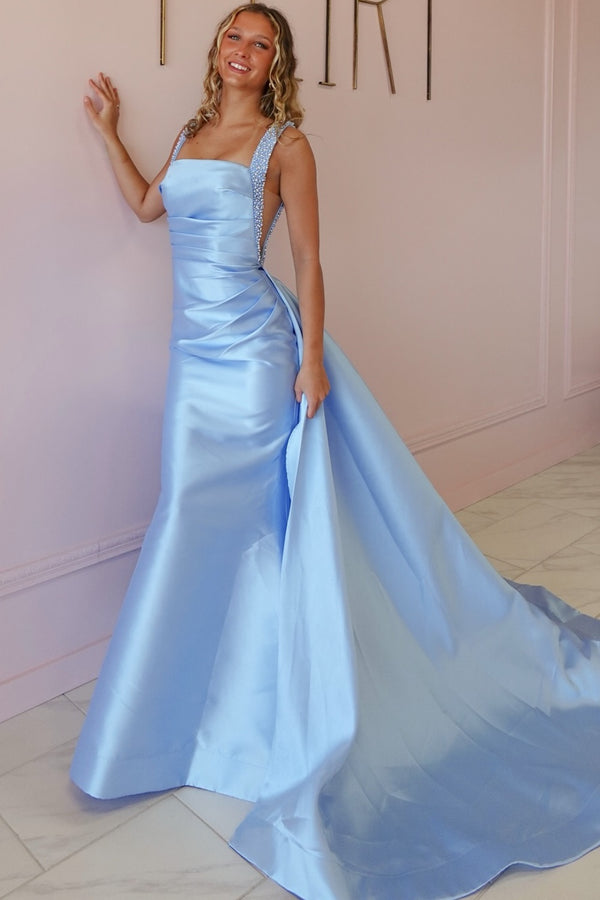 WU1455 - Vestido de fiesta sencillo e informal, con escote en V, sin mangas, plisado, abertura lateral alta y cola, con cremallera en la espalda, para dama de honor y cóctel.