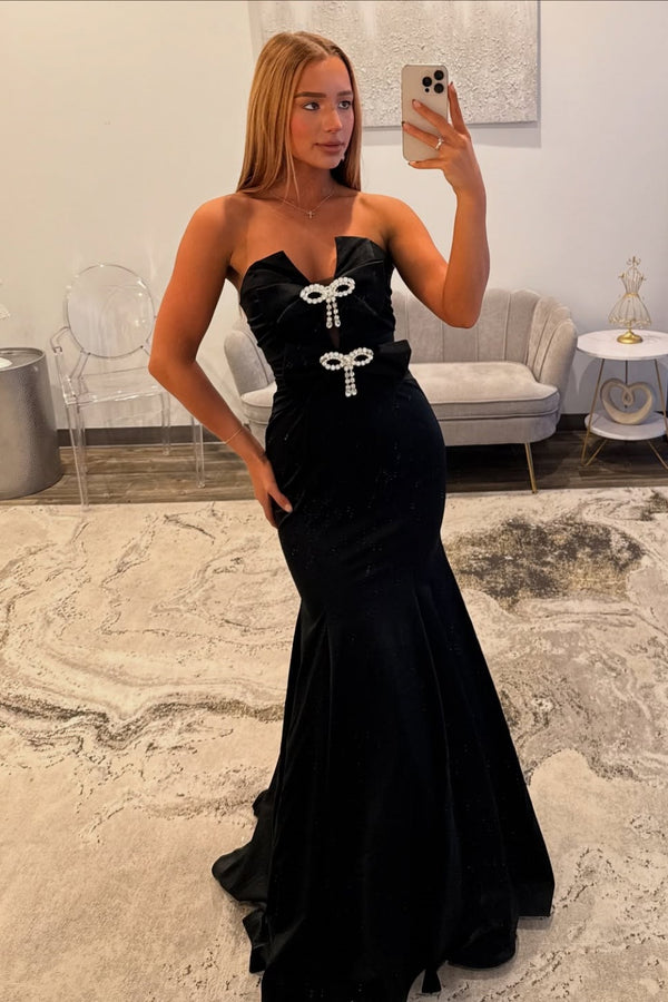 Mermaid Strapless Sleeveless Pleated Bow Knot Crystal Prom Dress WU1572