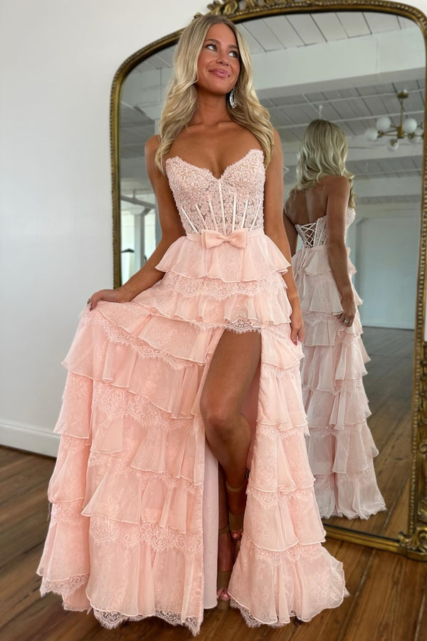 A-Line Strapless Lace Appliques Bow Knot Ruffles Tiered High Side Slit and Train Prom Dress WU1575