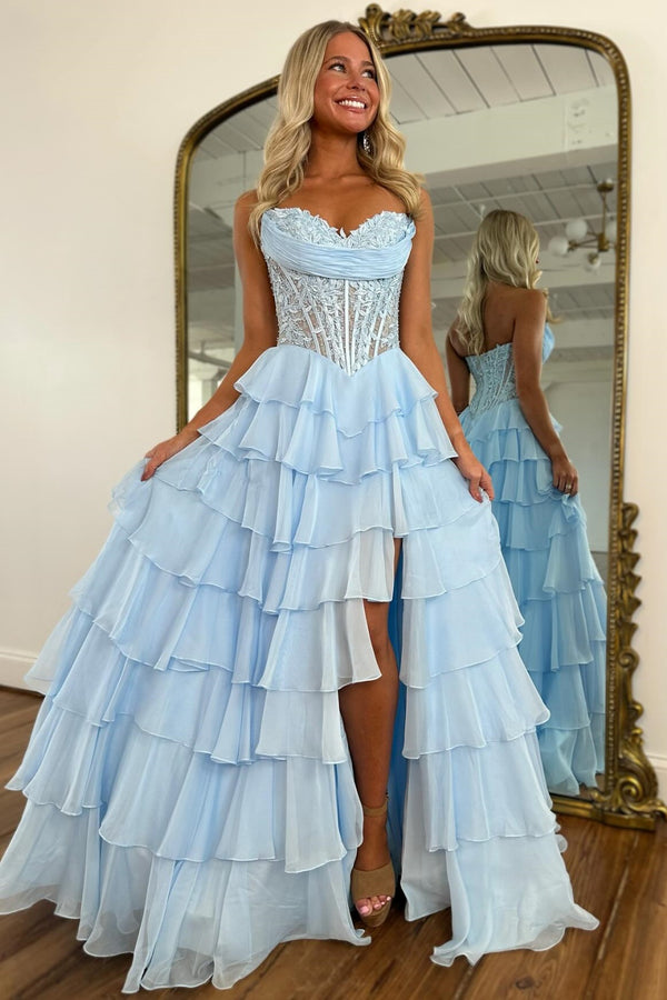 Strapless Lace Appliques Ruffles Tiered High Side Slit and Train Prom Dress WU1576