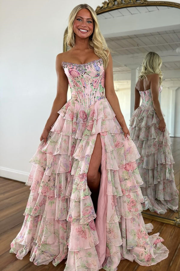 Boat Neck Beaded Flower Printer Ruffles Tiered High Side Slit and Train Pink Prom Dress WU1580