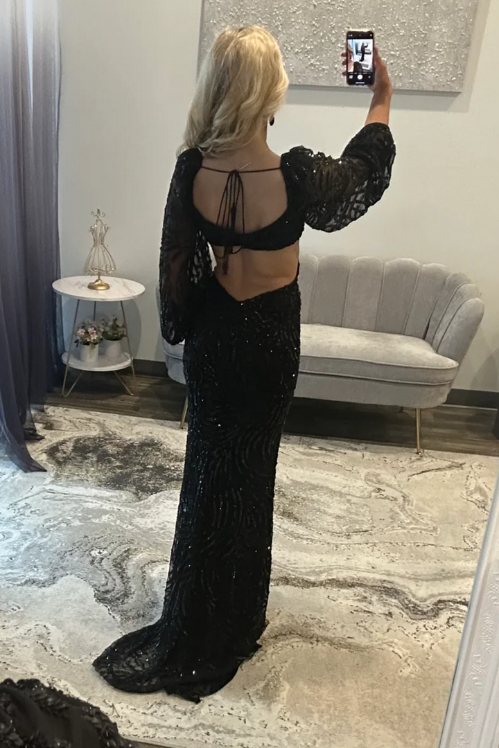 Mermaid V Neck Long Sleeveless Beaded Sequins Appliques Open Back Prom ...