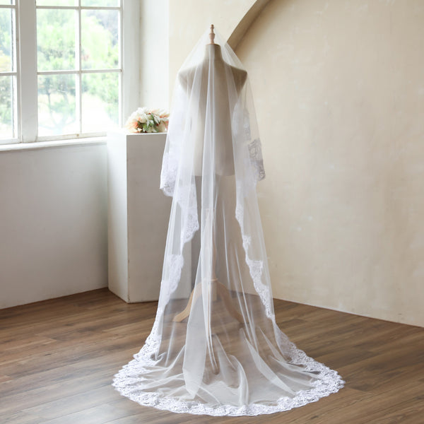 French Retro Single Layer Lace  Appliques Bridal Veil with Long Train WV1002