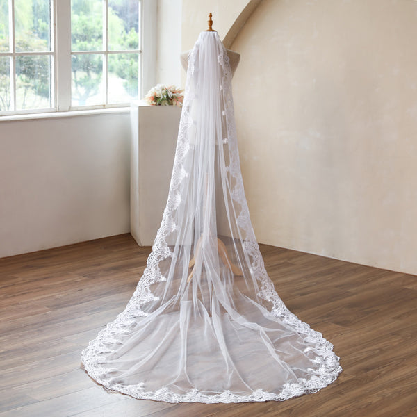 Long Trailing Cathedral Lace Appliques Single Layer Bridal Veil WV1003