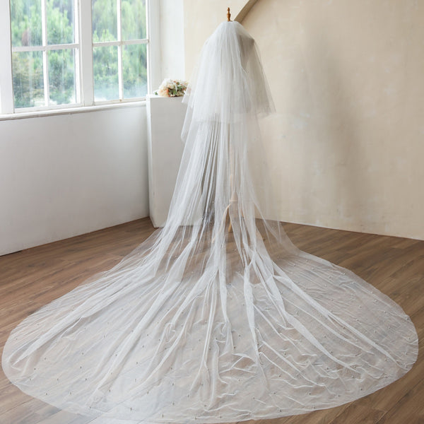 Double Layer Glitter Pearl Bridal Oversized Trailing Veil with Hair Comb WV1007