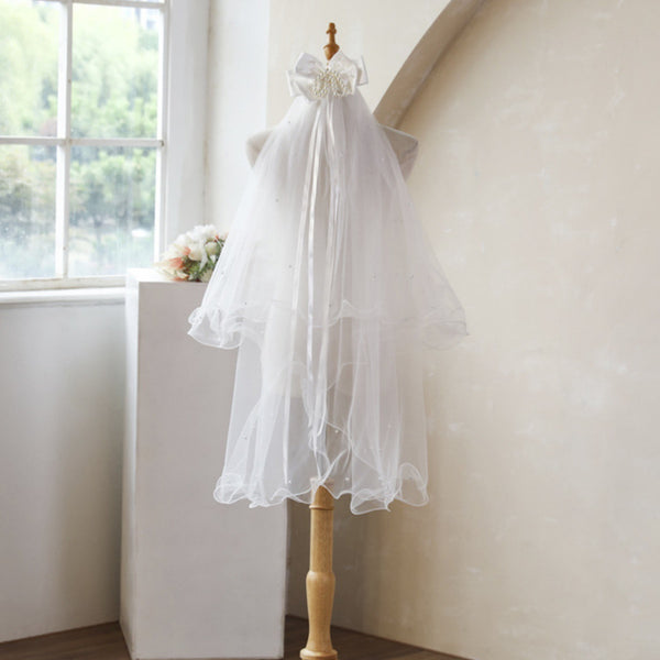 New Bridal Wedding Headdress Short Pearl Bow Double Layer Curled Veil WV1009