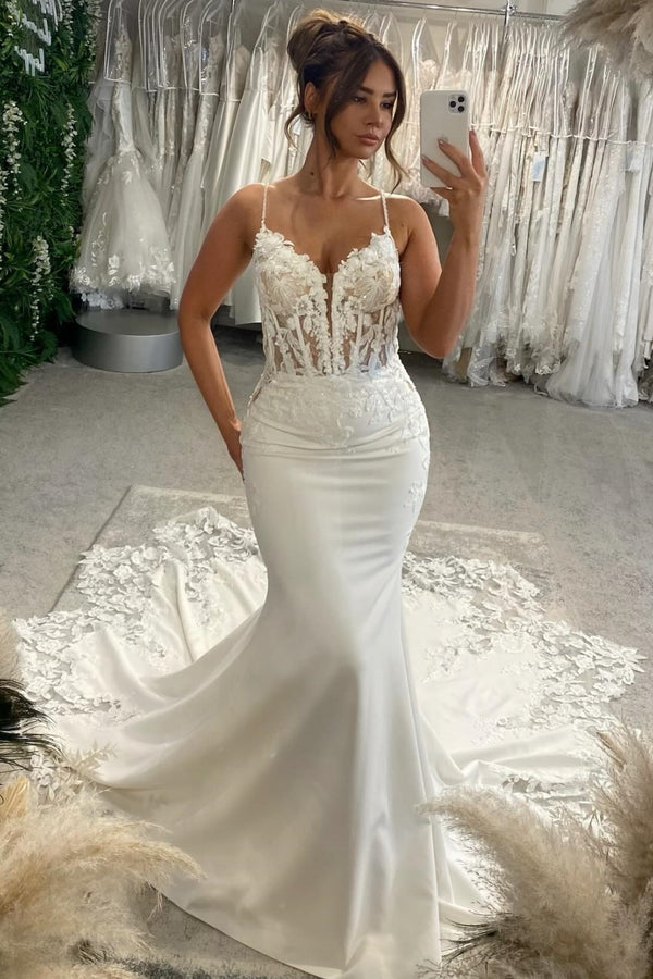 Mermaid V Neck Spaghetti Straps Pleated Appliques Boho Wedding Dress WW1076