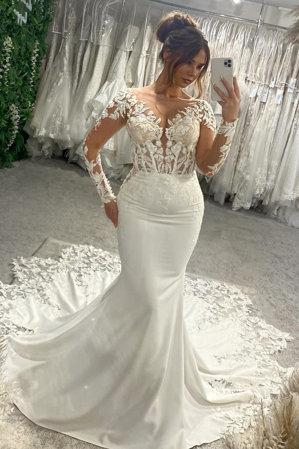 Mermaid V Neck Long Sleeves Appliques Open Back Wedding Dress with Train WW1077