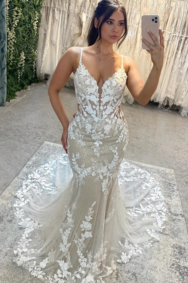 Mermaid V Neck Spaghetti Straps Appliques Open Back Wedding Dress with Train WW1078