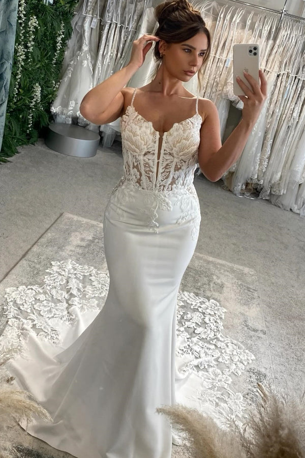 Mermaid Strapless Spaghetti Straps Appliques Open Back Wedding Dress with Train WW1079