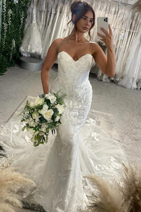 Mermaid Strapless Sequins Appliques Tulle Wedding Dress with Train WW1080