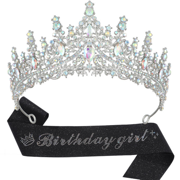 Sweet 15 Princess Quinceañera Birthday Party Crystal Crown with Glitter and Rhinestone Shoulder Strap Set WA1014