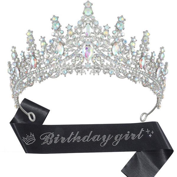 Sweet 15 Princess Quinceañera Birthday Party Crystal Crown with Satin and Rhinestone Shoulder Strap Set WA1013