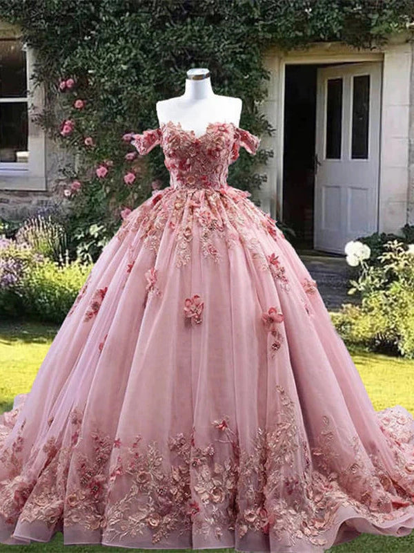 Off The Shoulder Rosa Quinceanera Kleider 3D Blumen Spitzenapplikationen Sweet 16 Kleid Prinzessin Langes Ballkleid Tüll mit Schleppe