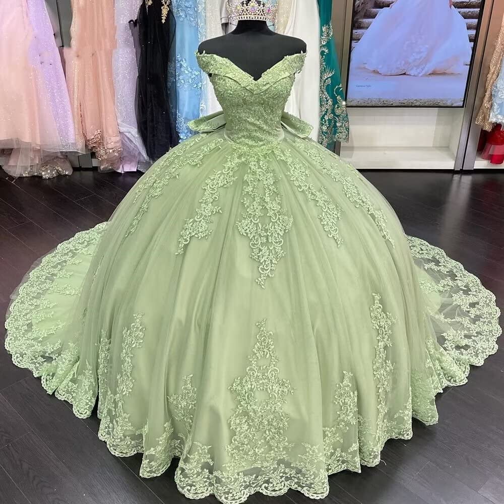 Robe de Quinceanera vert sauge avec appliques en dentelle et épaules dénudées, robe de princesse longue de 16 ans, robe de bal en tulle avec nœud et traîne